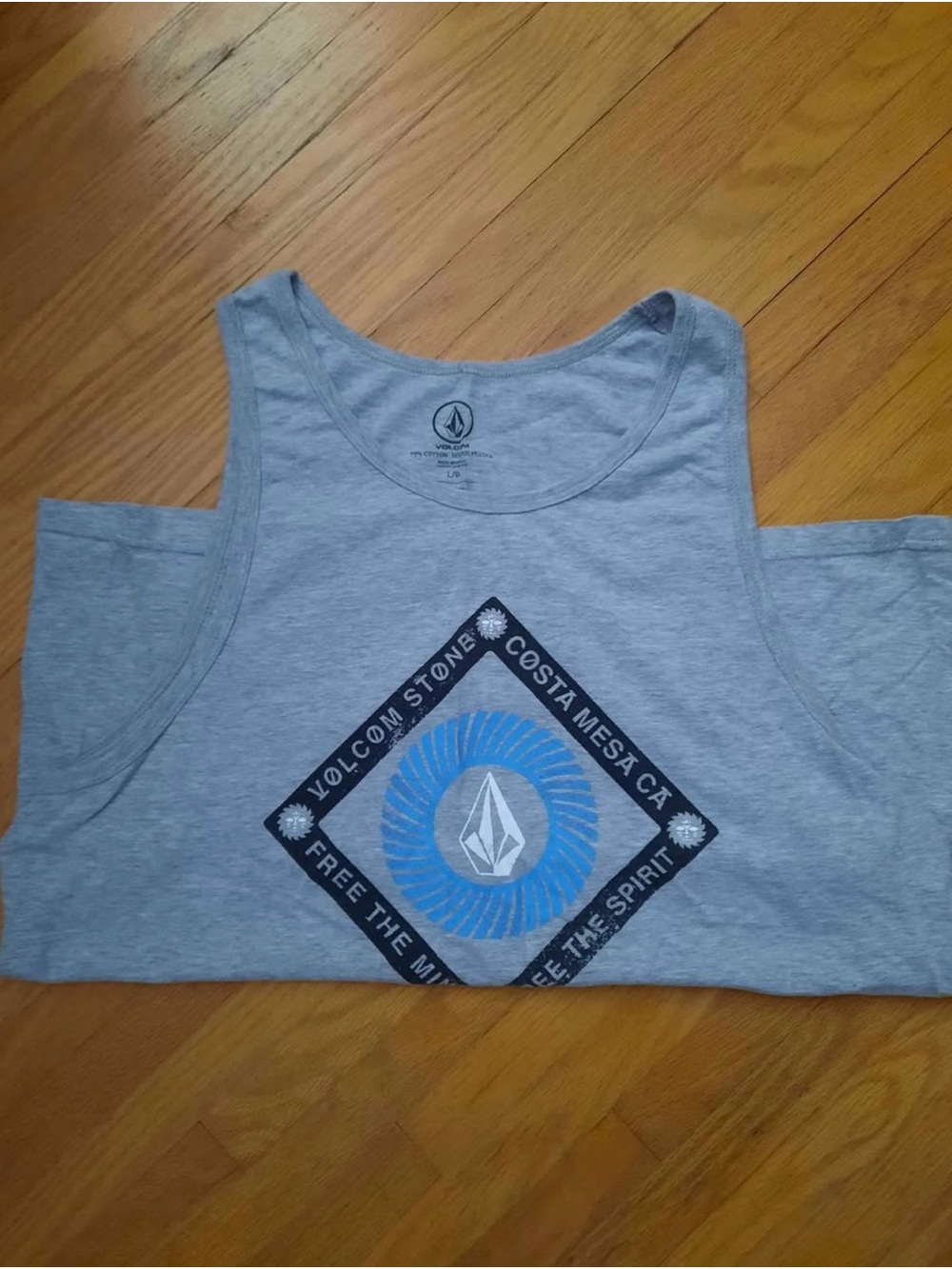 Volcom Light Gray Tank Top with Blue Graphic Emblem